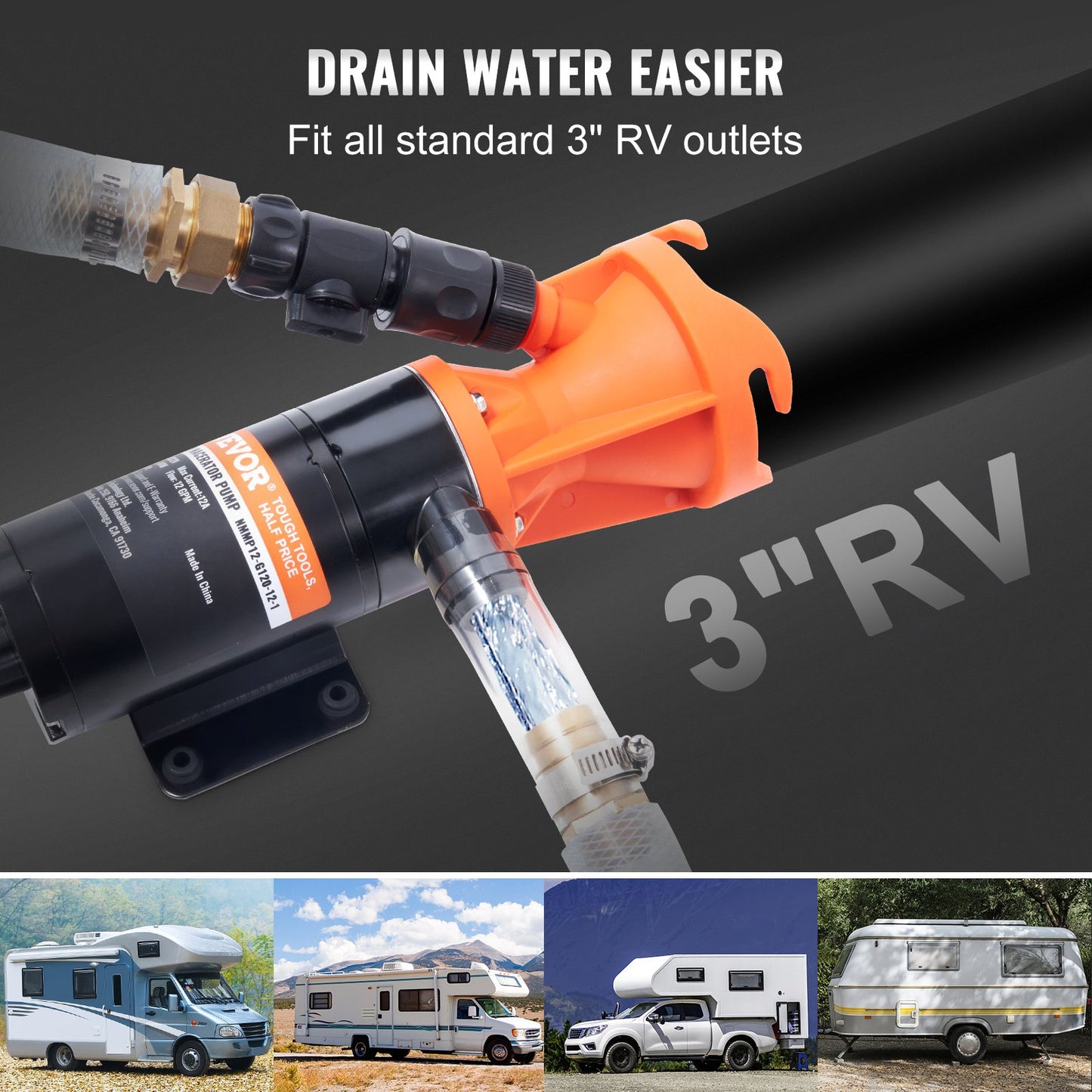 RV Macerator Pump 12V, 12 GPM Waste Disposal Pump with Quick-Release Valve