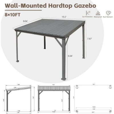 8x10 Lean-To Gazebo with Upgraded Drainage System - Wall-Mounted Steel Hardtop for Patio & Lawn