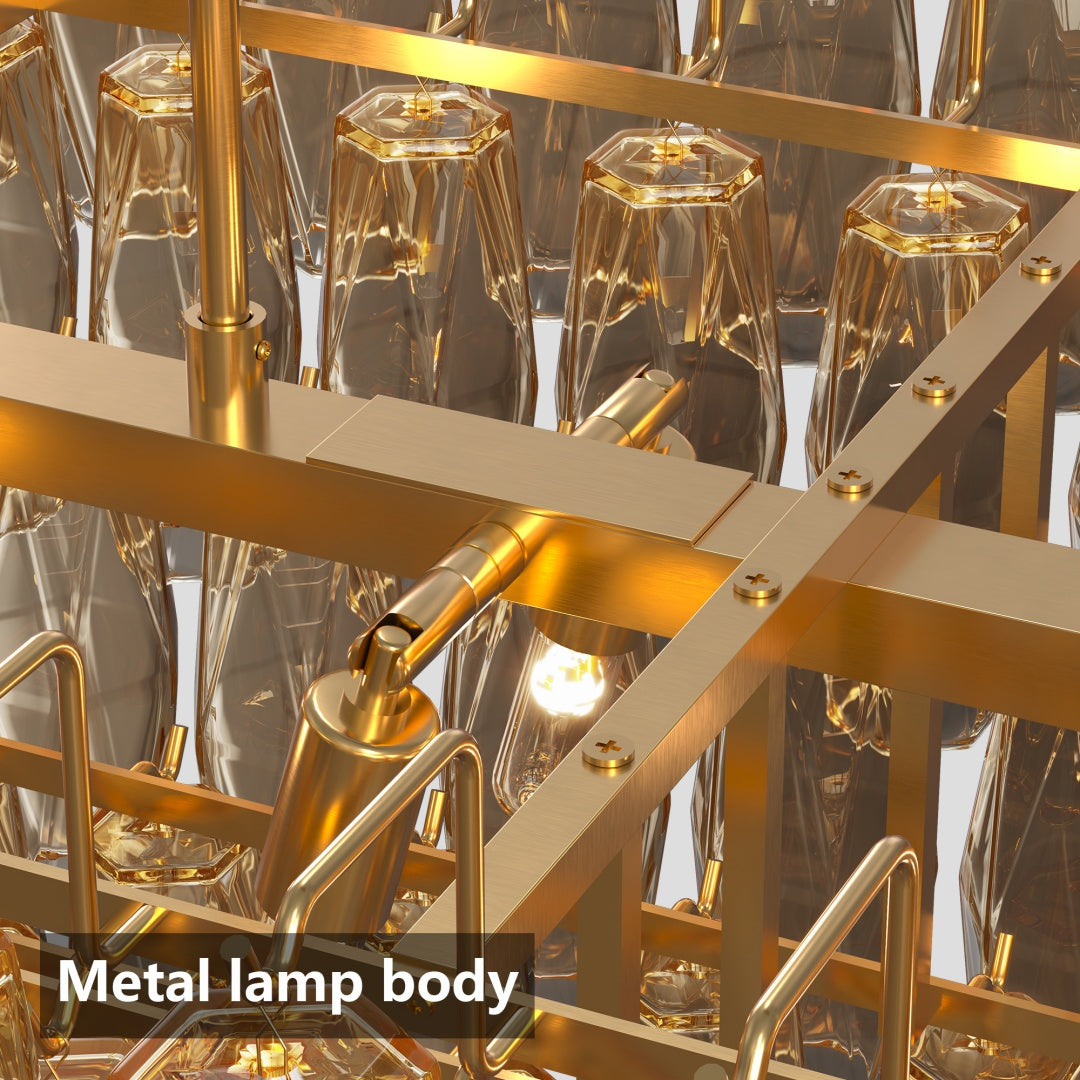 Large Gold Rectangle Chandelier - 12-Light Smoke Glass Fixture