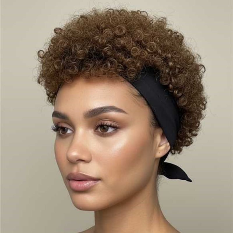 Short Kinky Curly Afro Puff Headband Wig - Natural Brown Glueless Synthetic