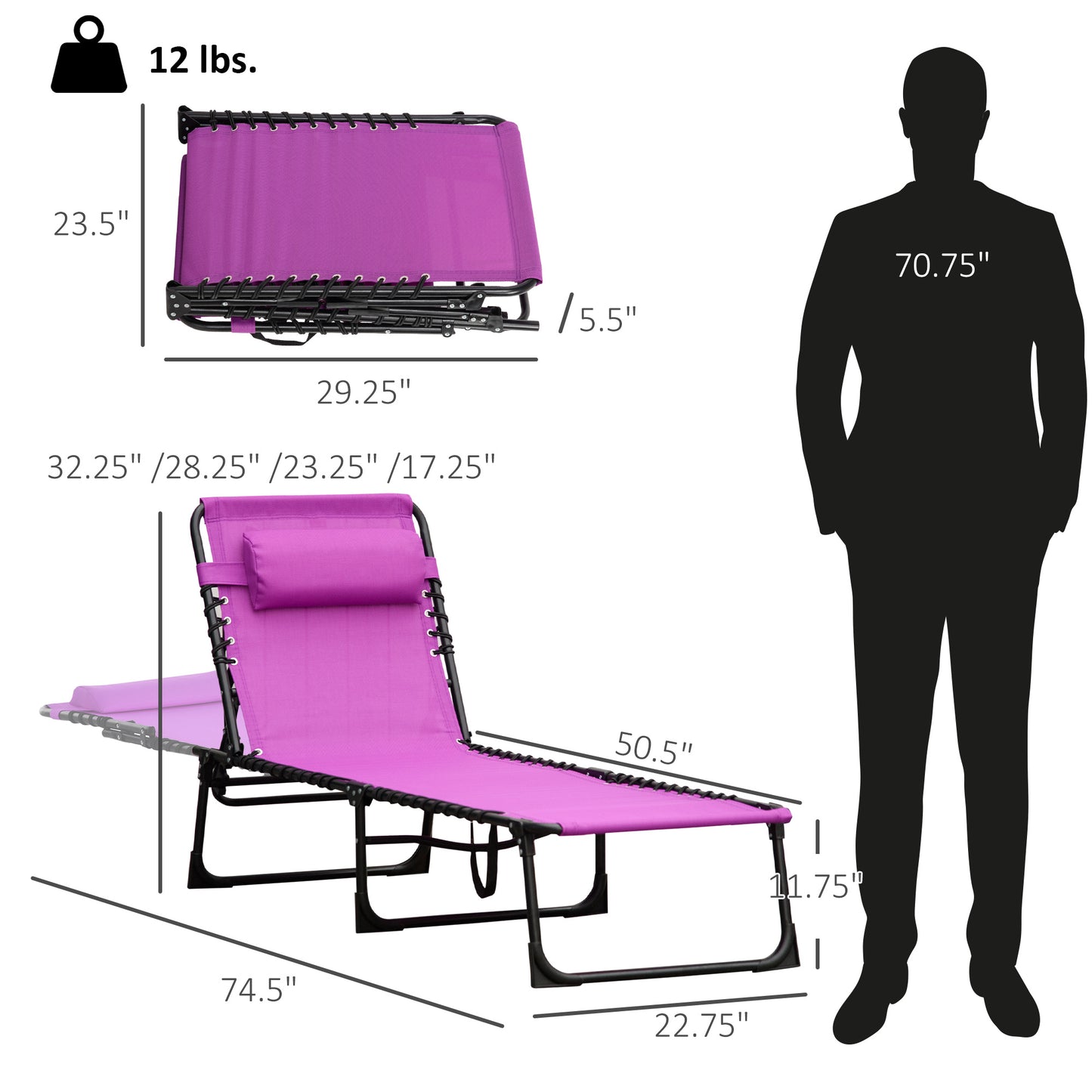 Folding Chaise Lounge Chair - 4-Position Recline, Purple