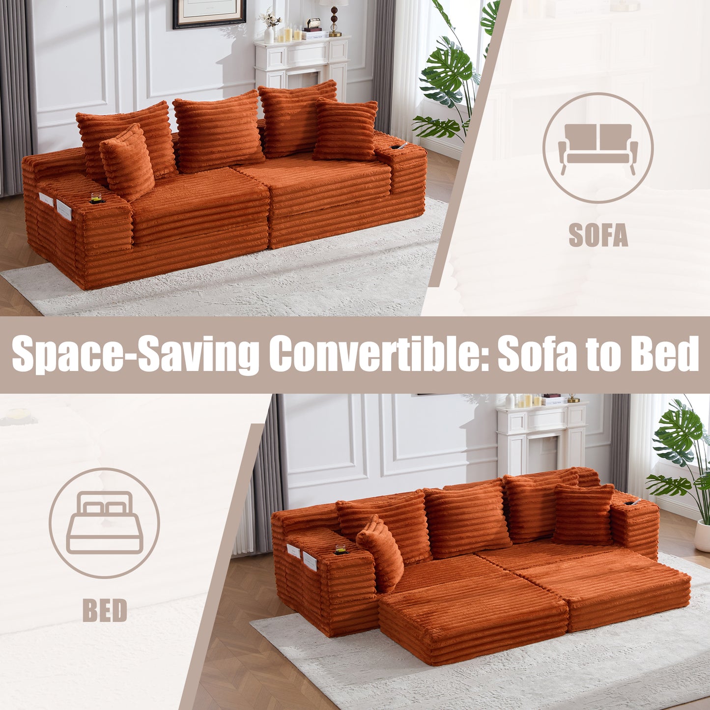 Oversized 4-Seat Sofa Bed with Cup Holder & Side Pockets - Orange