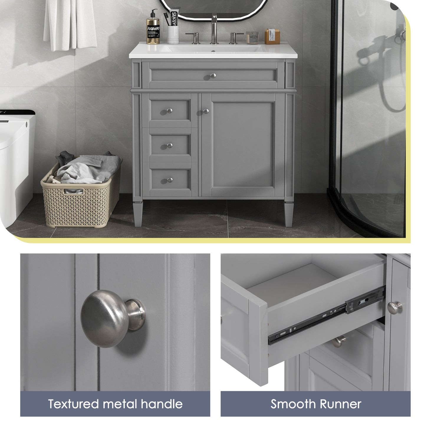 30'' Modern Bathroom Vanity with Sink & 3 Drawers - Grey