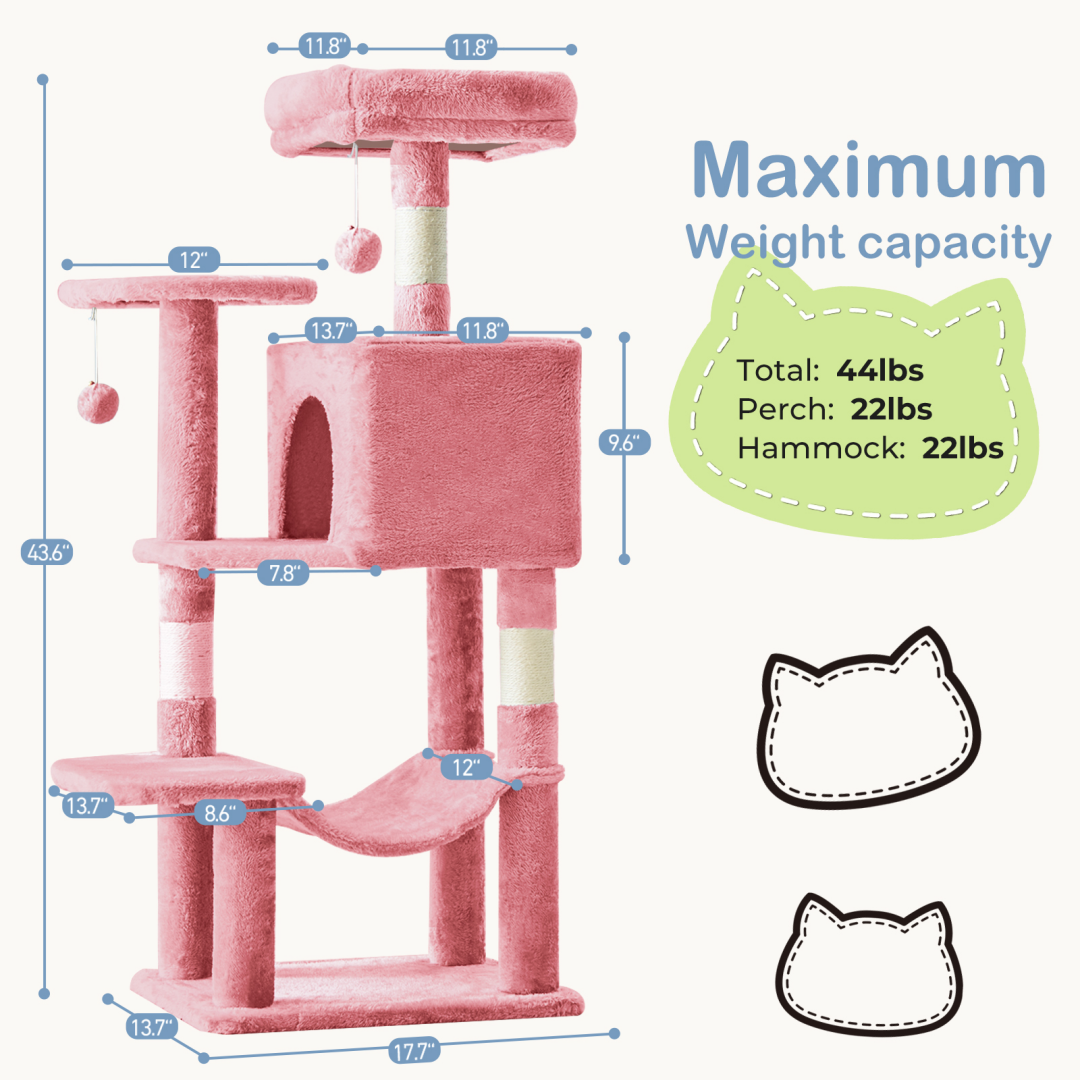 44-Inch Multi-Level Cat Tree Tower with Scratching Posts, Platforms & Hammock