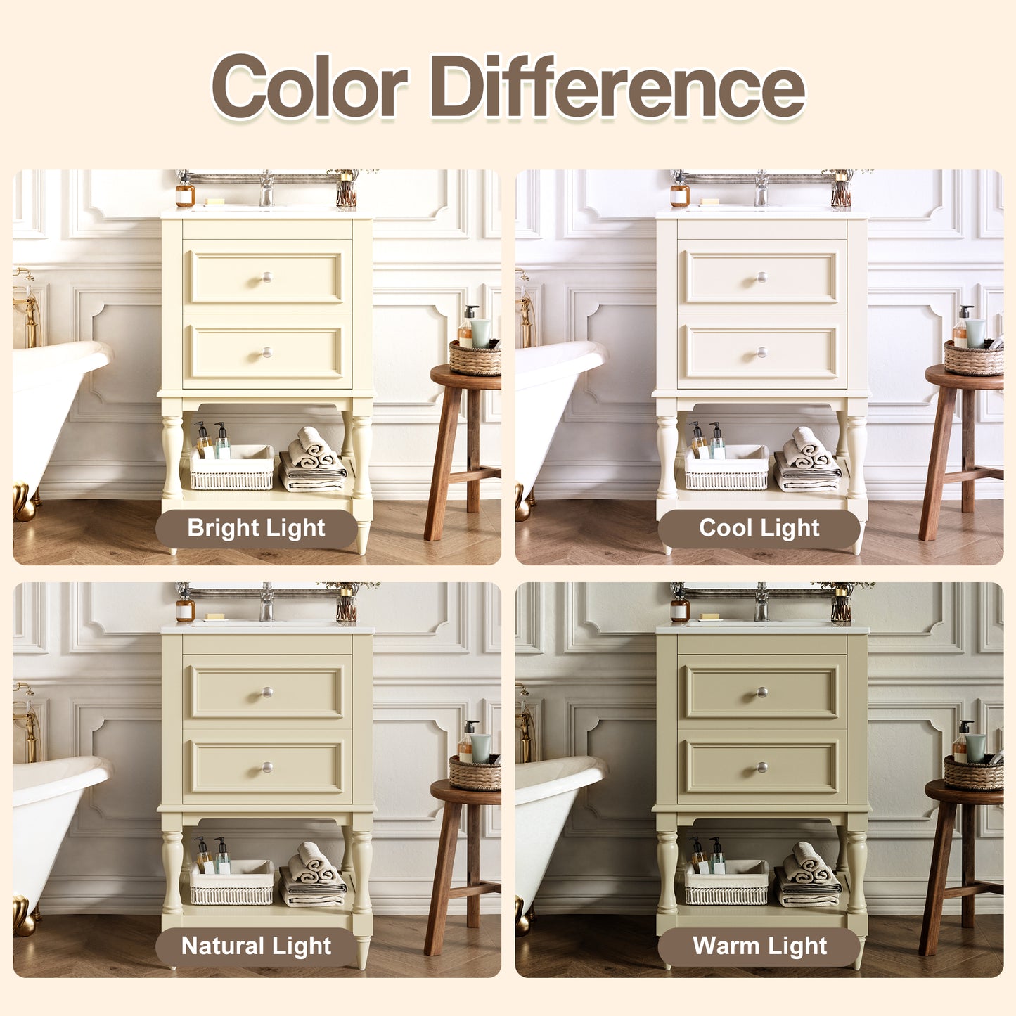 20'' Beige Bathroom Vanity with Ceramic Sink & 2 Drawers