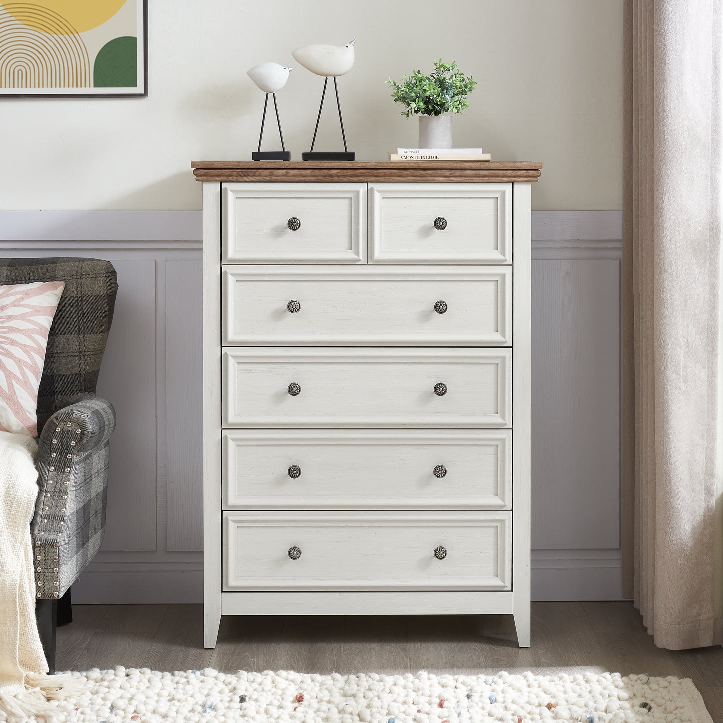 Modern 6 Drawer Dresser - Beige Chest of Drawers for Storage