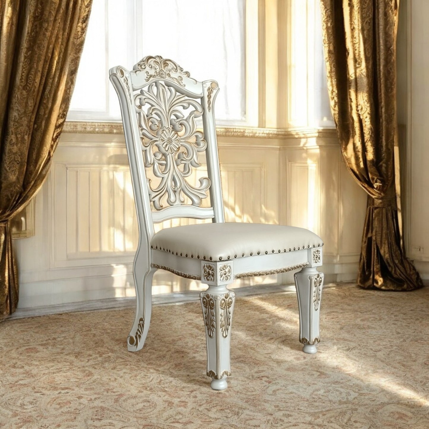Antique White Synthetic Leather Side Chair Set of 2