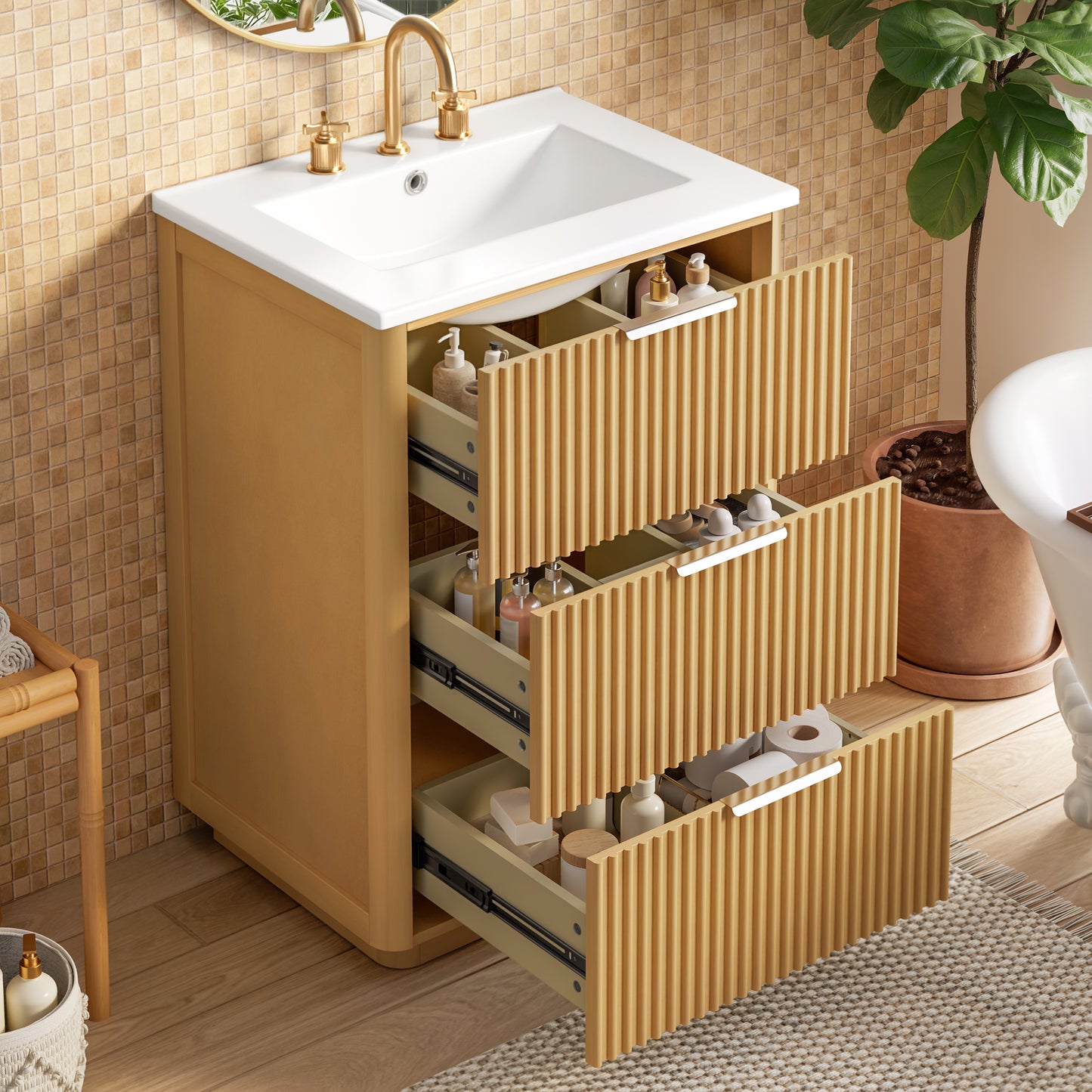 24 Inch Modern Luxury Bathroom Vanity With Ceramic Sink, Cabinet Open