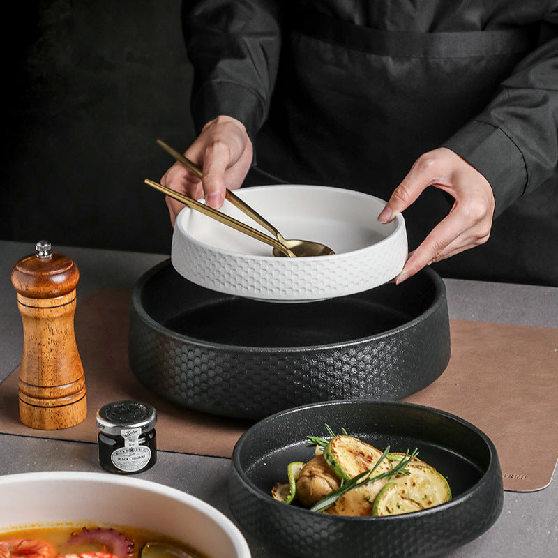 Large Ceramic Soup Bowl Set - Household Kitchen Dinnerware, Frosted White & Black