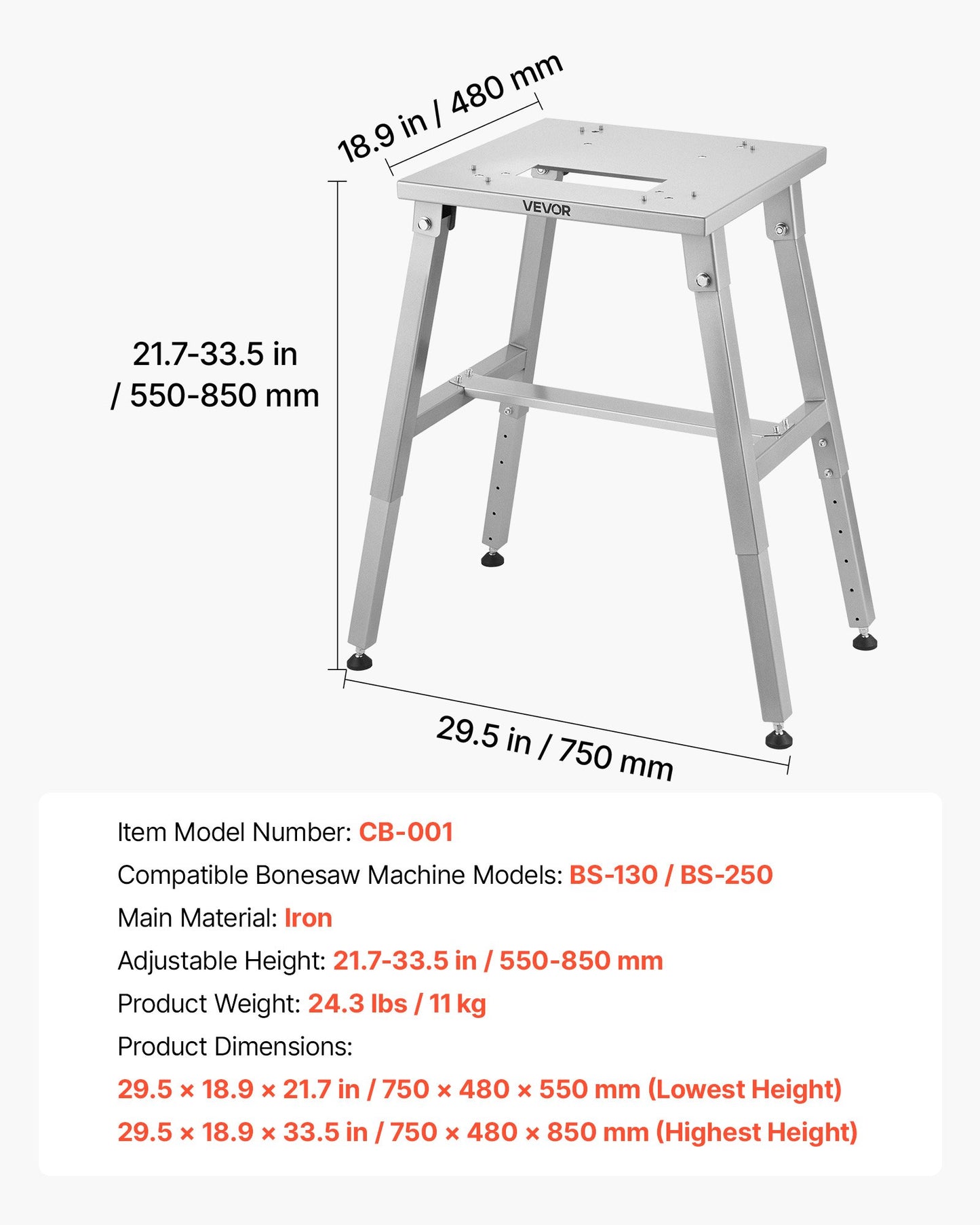 Adjustable Floor Stand for Meat Bandsaw - Stable H-Shaped Frame, Black