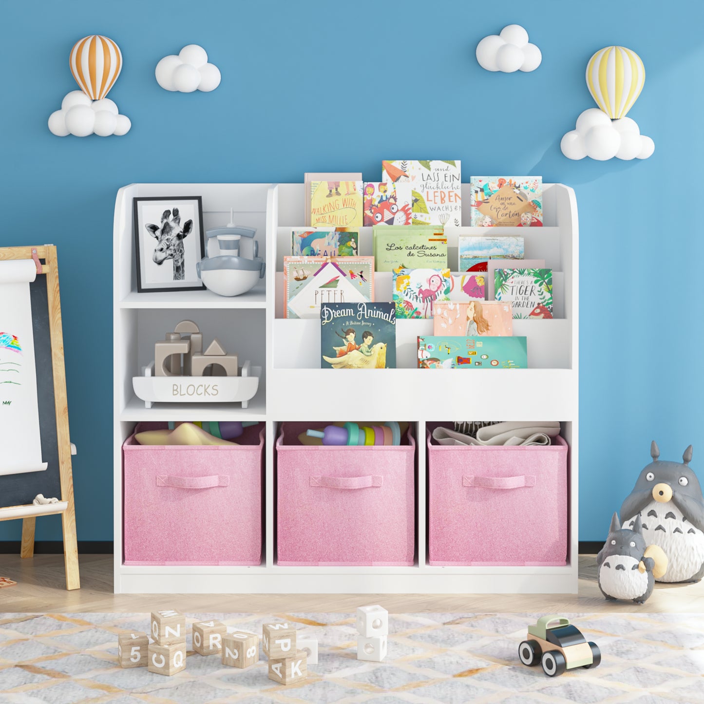 Kids Bookcase with 3 Fabric Drawers - White and Pink