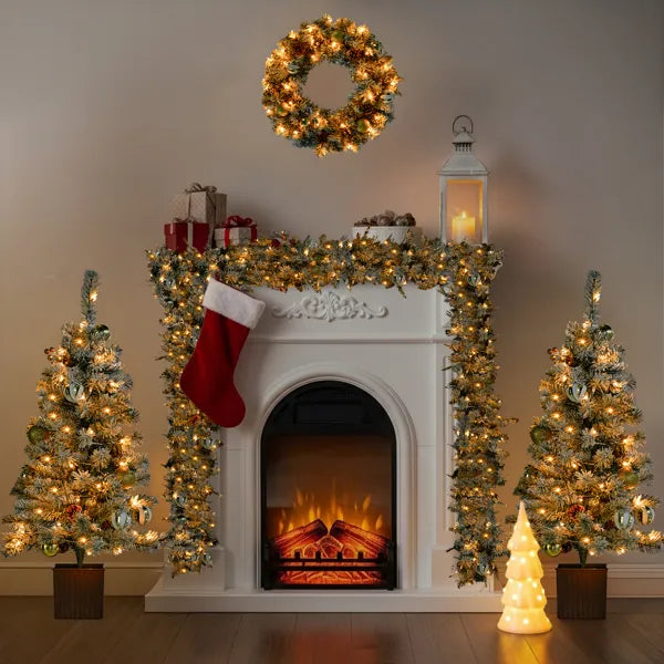 Pre-lit Christmas Decor Set - Garland, Wreath & 2 Trees with LED Lights
