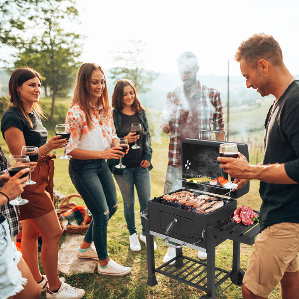 Heavy-Duty Charcoal Grill with Foldable Side Table and Wheels for Outdoor Cooking