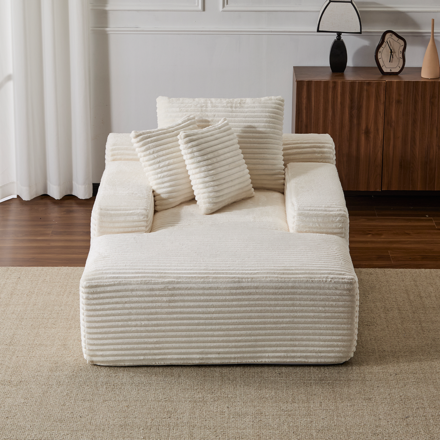 Oversized Chaise Lounge Chair - White Corduroy Sleeper Sofa with Pillows