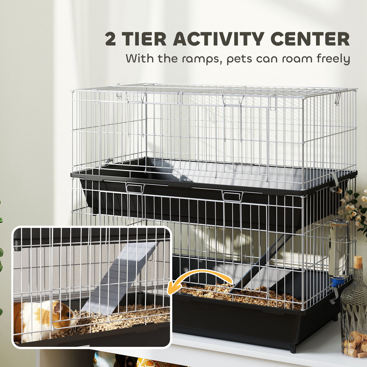 Small Animal Cage 2-Tier with Doors, Trays, Dish, Bottle & Ramp - Black, 750x470x220mm