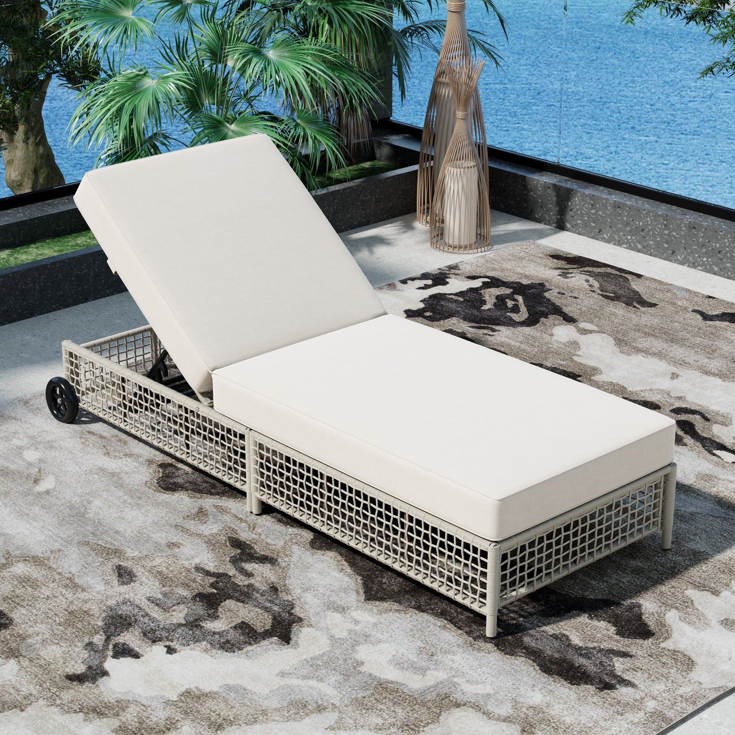 Outdoor Lounge Chair with 5-Position Backrest & Wheels - Beige Cushion