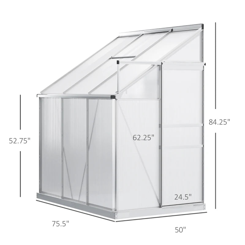 6' x 4' Aluminum Lean-To Greenhouse with Polycarbonate Panels, Adjustable Roof Vent & Rain Gutter