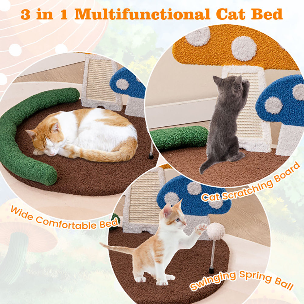 Multicolor Mushroom Cat Bed with Scratcher and Swinging Toy - Cozy Cat Tree