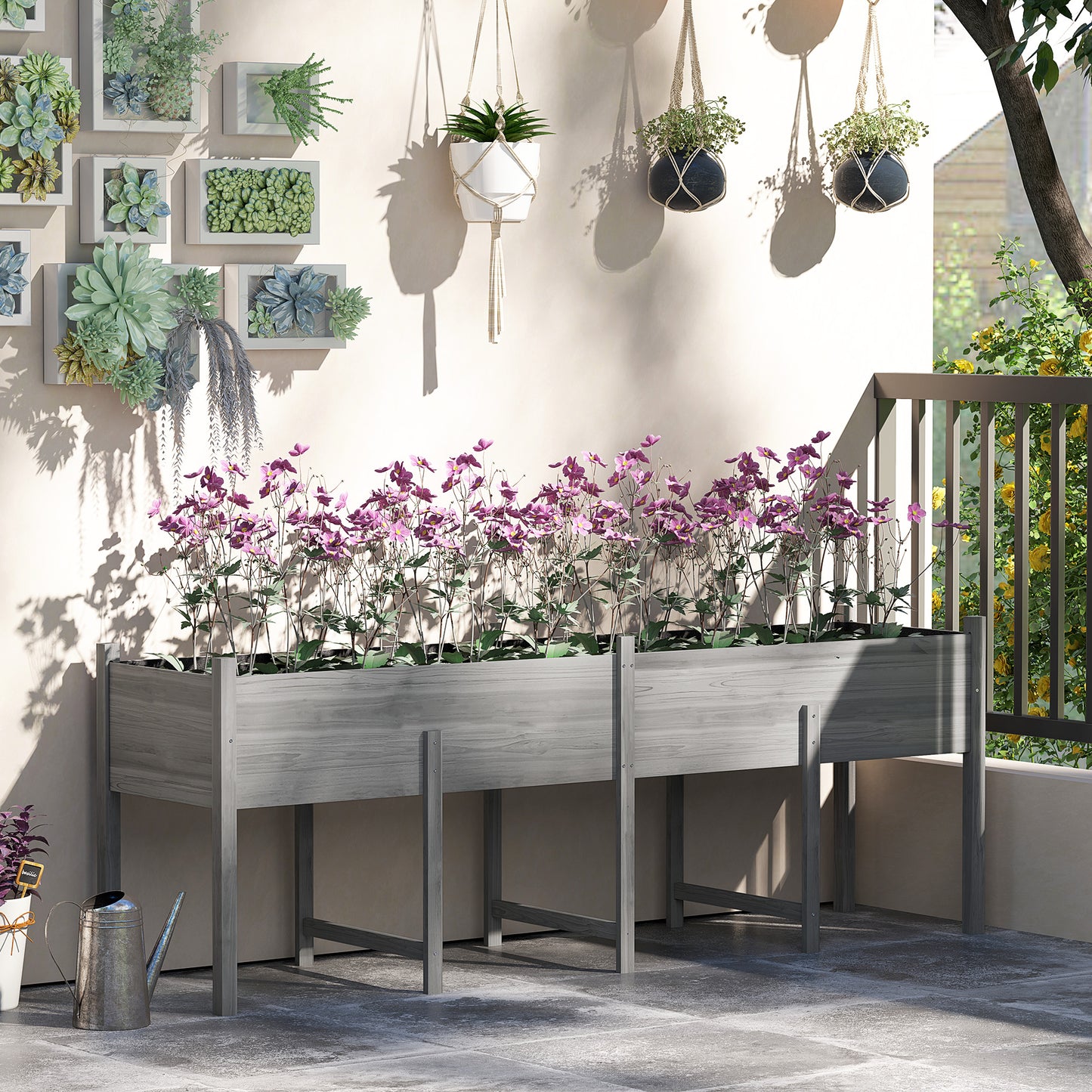 Large Wooden Raised Garden Bed with Legs, Drainage Holes & Liner - Gray