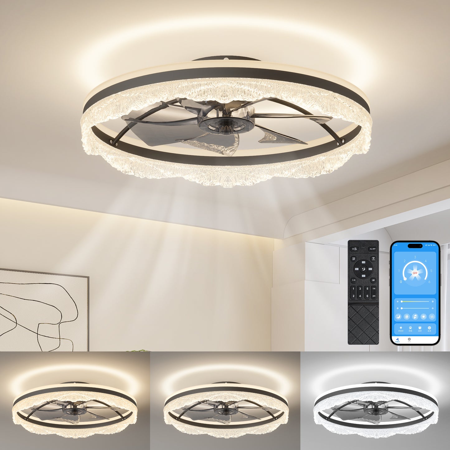 Quiet Ceiling Fan with Light - LED Crystal Flush Mount Design
