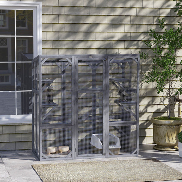 Large Cat Cage with Platforms, Easy Assembly, Sunproof Fir Wood - Gray