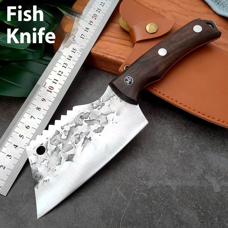 Kitchen Fish Knife with Leather Case - Antique Retro Stainless Steel