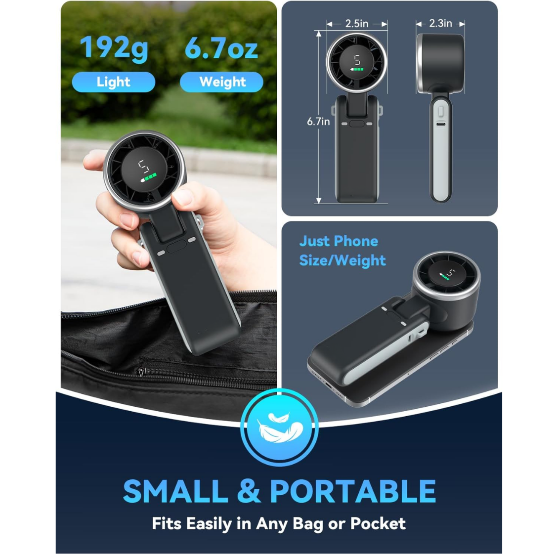 Portable Handheld USB-C Rechargeable Turbo Fan 5-Speed Cooling 12H Runtime