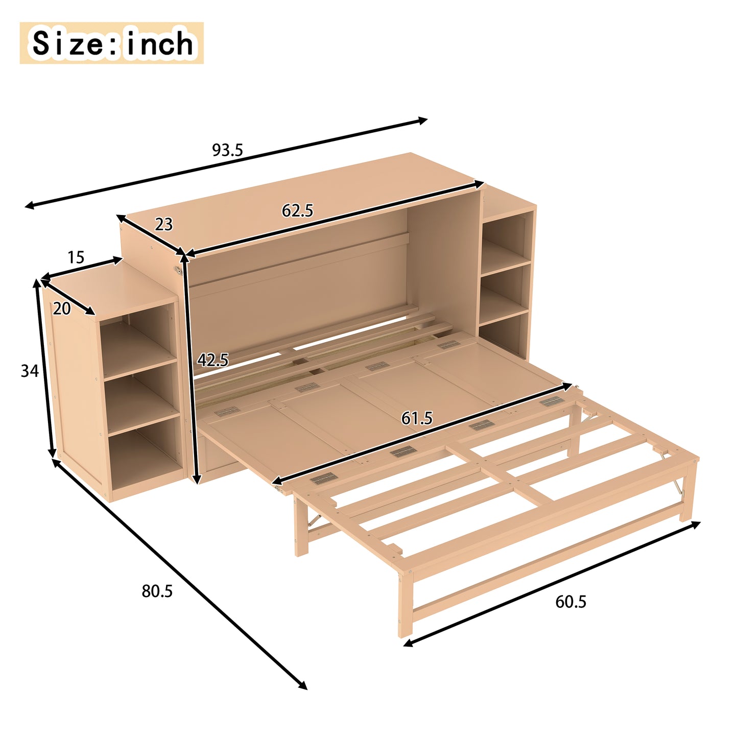 Queen Size Murphy Bed with Storage Drawers and Shelves - Gold