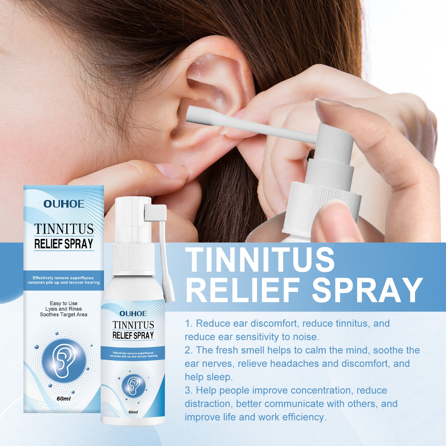 Tinnitus Relief Spray - Ear Discomfort & Earwax Cleaning, 60ml