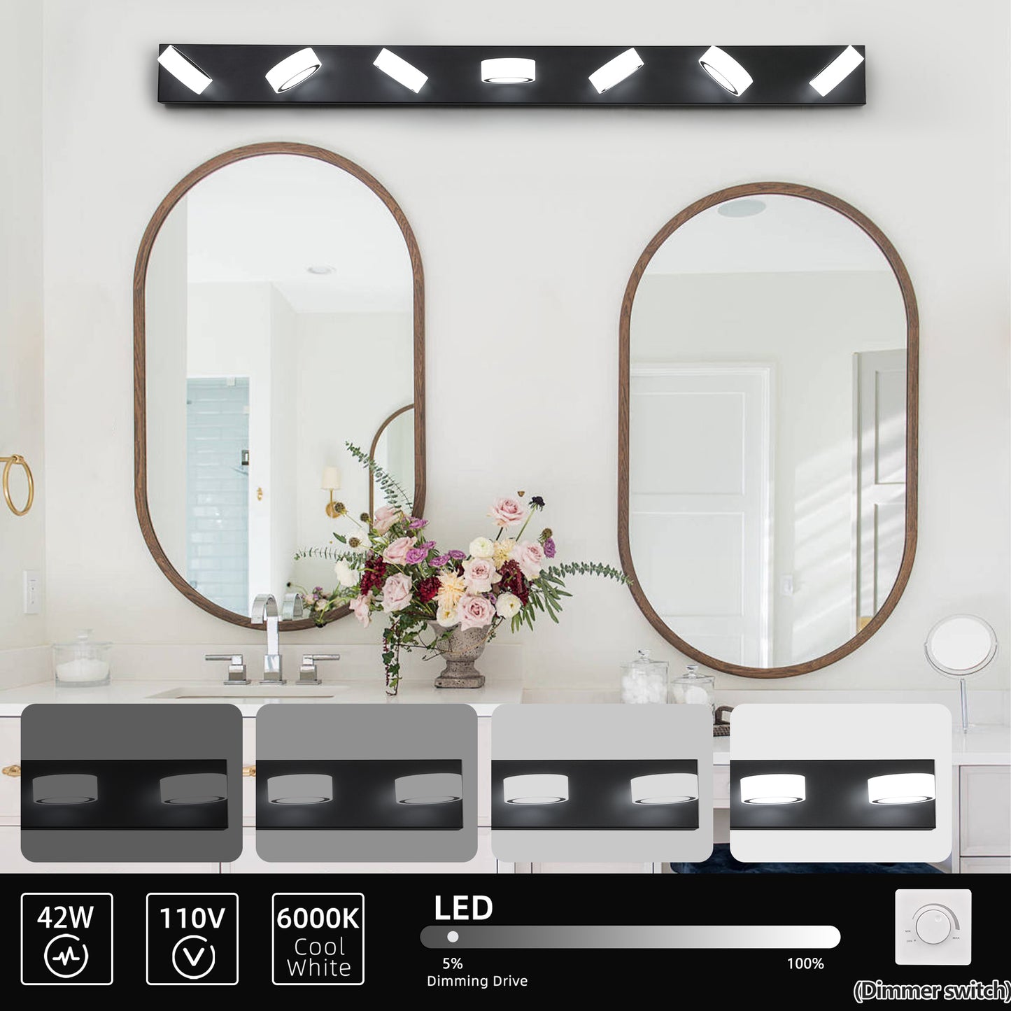 Modern 7-Light LED Wall Sconce - Black Iron with Acrylic Shades
