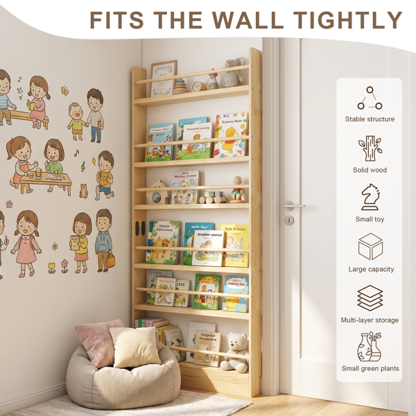 6-Tier Wooden Bookshelf - Slim Behind Door Storage for Kids