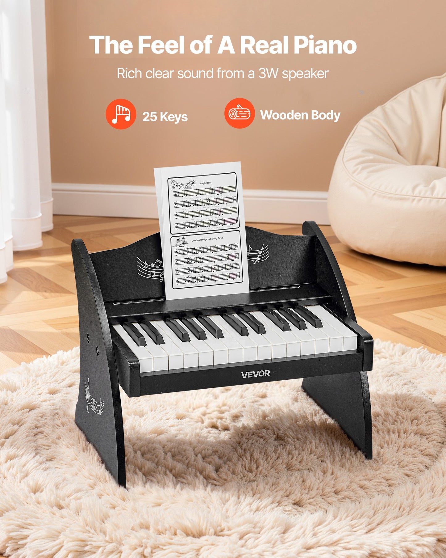 Kids Wooden Piano Keyboard - 25 Keys Educational Musical Toy for Toddlers