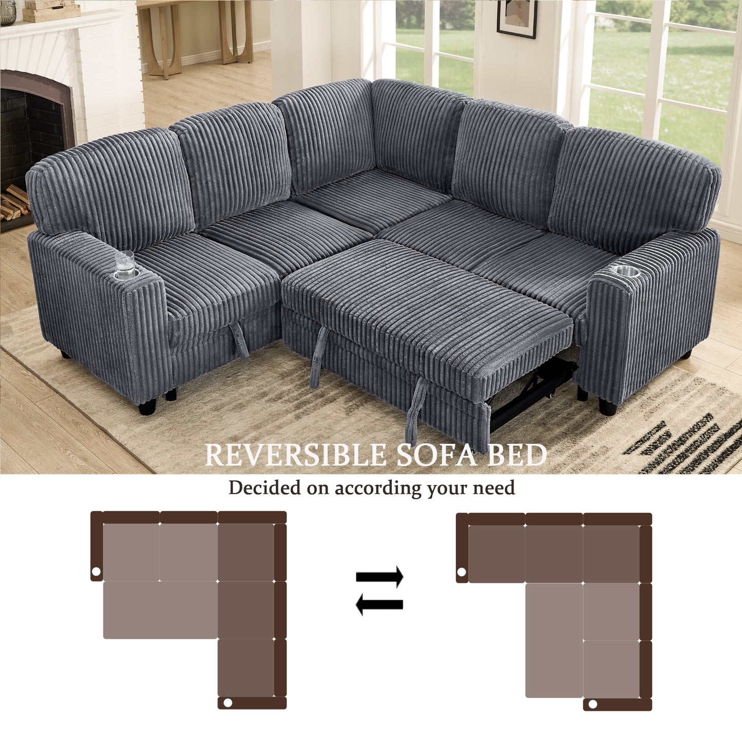 L-Shaped Sectional Sofa Bed with Storage & USB Charging - Grey