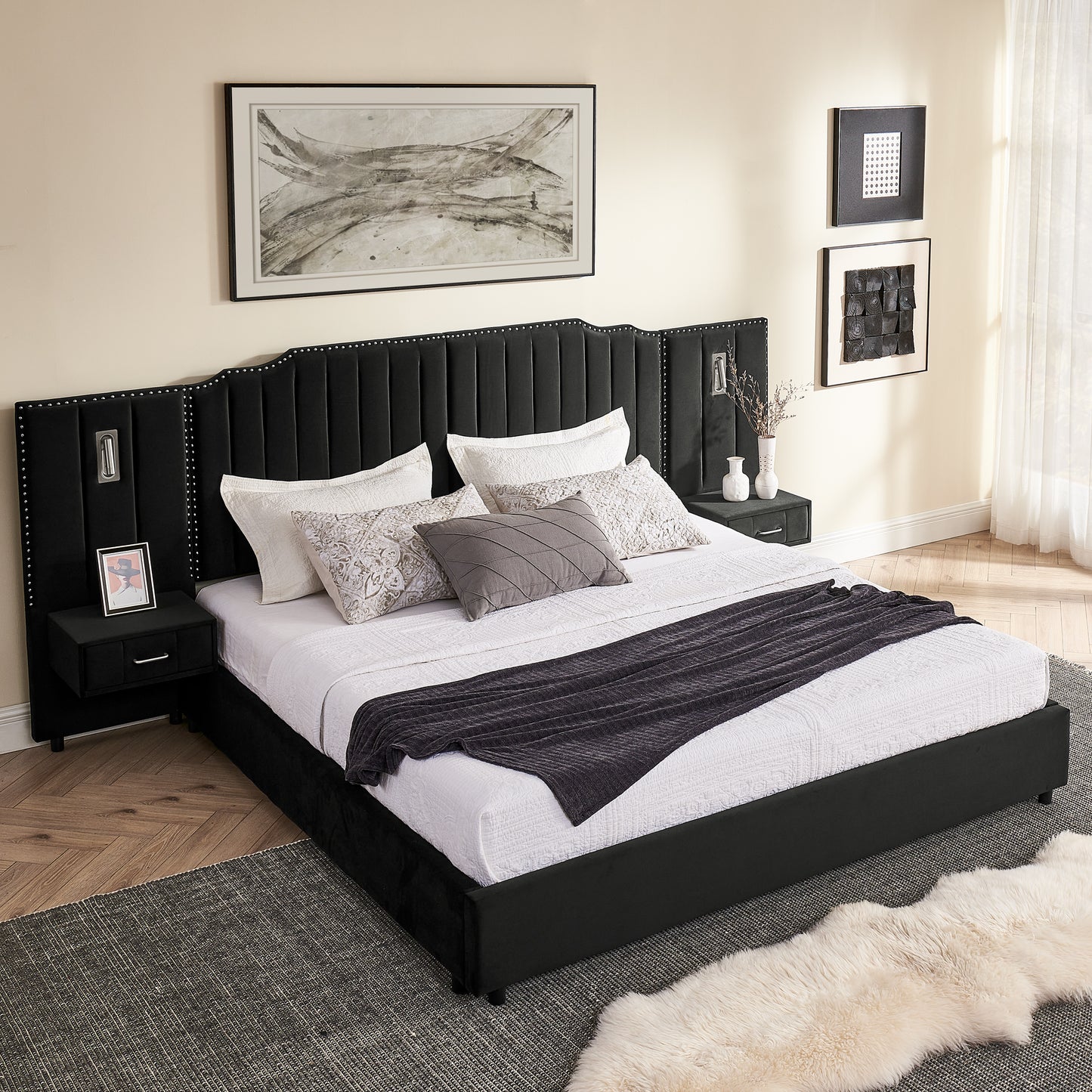 King Size Upholstered Bed Frame with Velvet Fabric & Headboard - Black