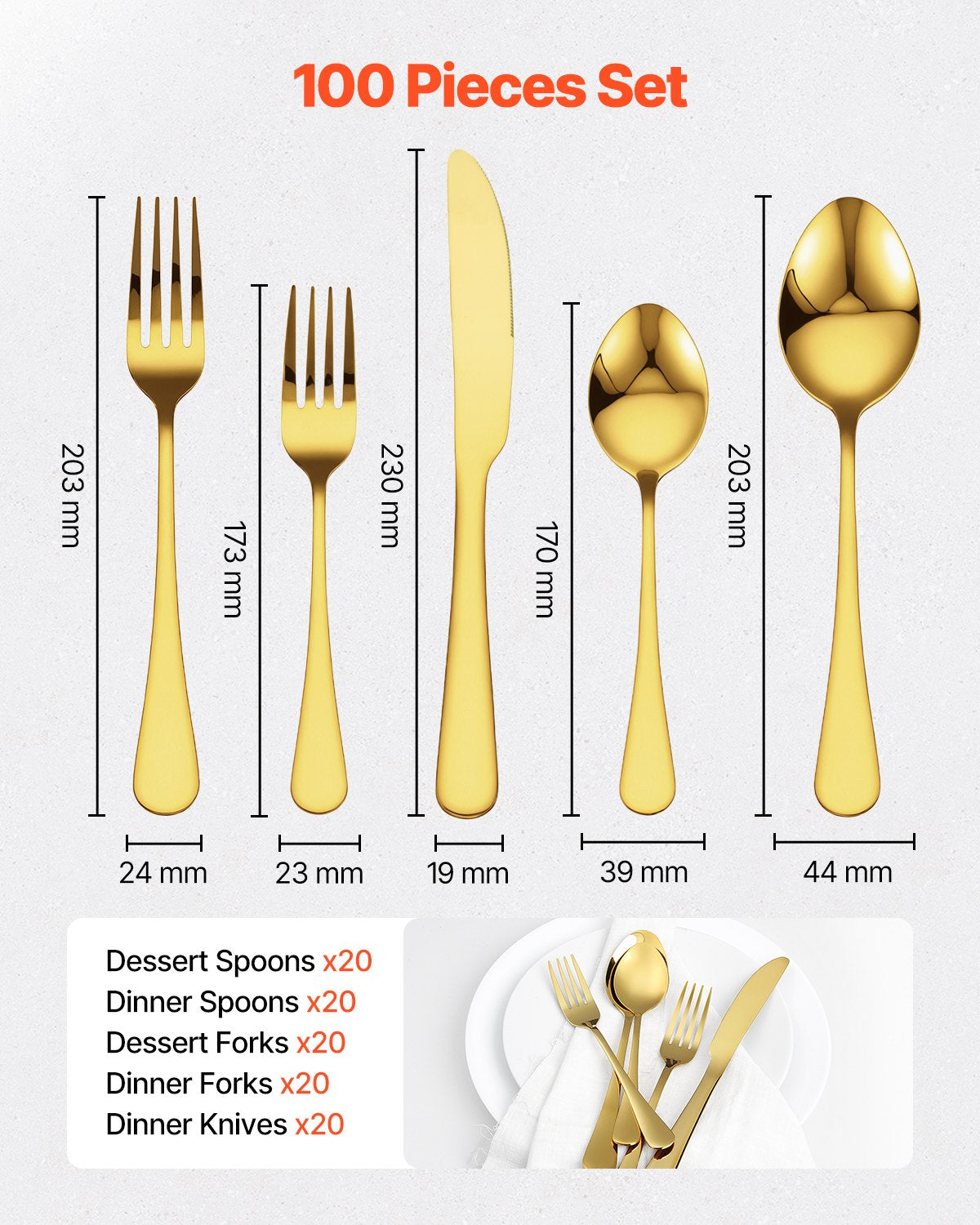100-Piece Stainless Steel Flatware Set for 20 - Golden