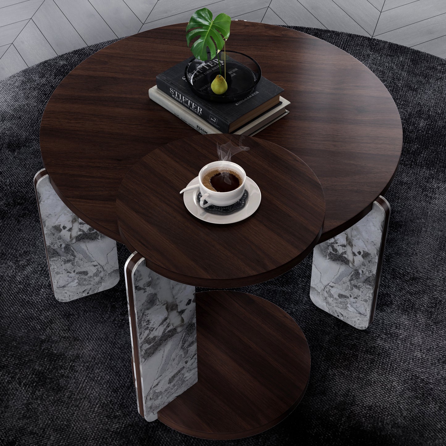 Modern Coffee Table With End Set, Durable Walnut Veneered MDF 83cm