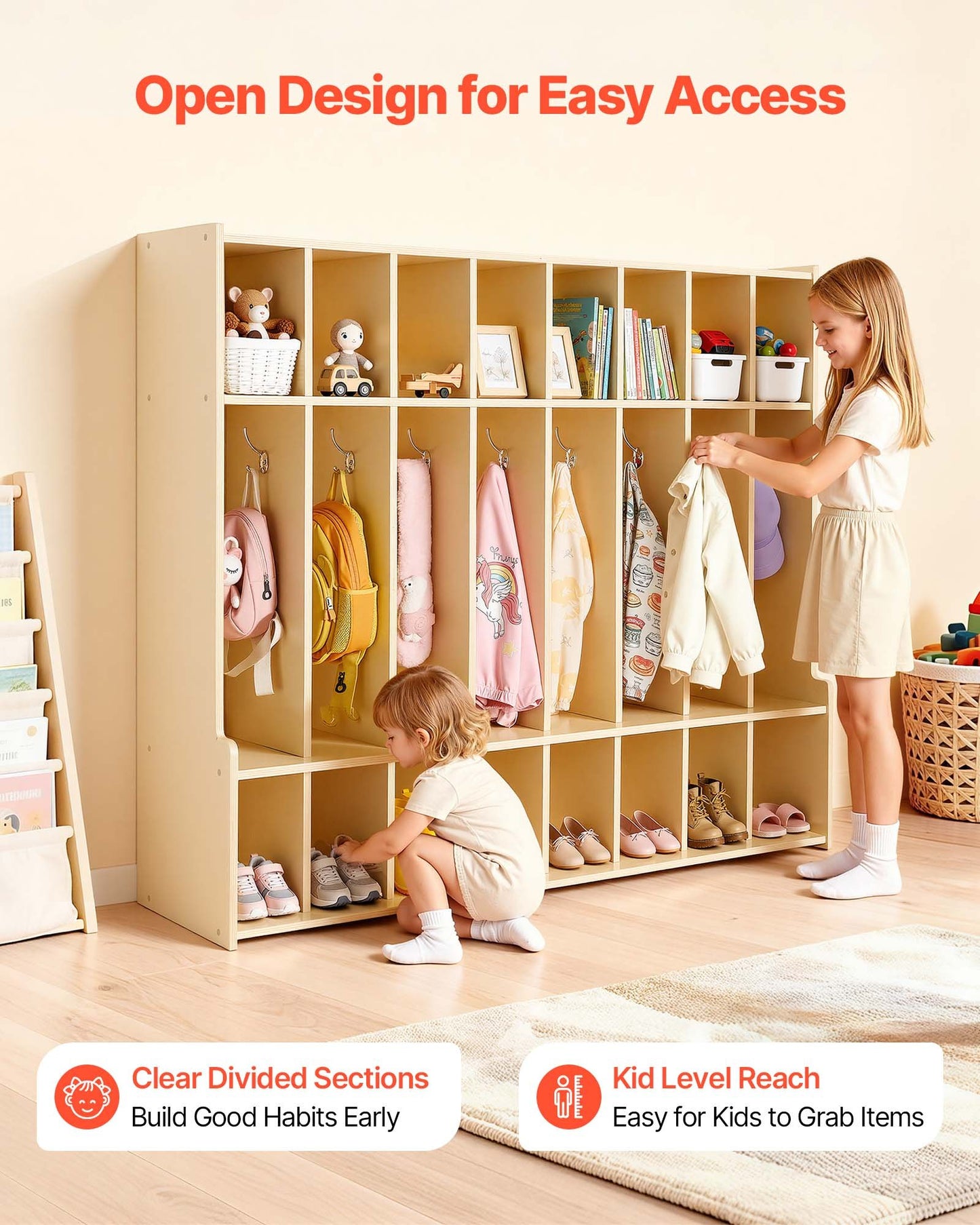 Kids Wooden Coat Locker with 16 Hooks & Open Storage Cubes - Toddler Organization