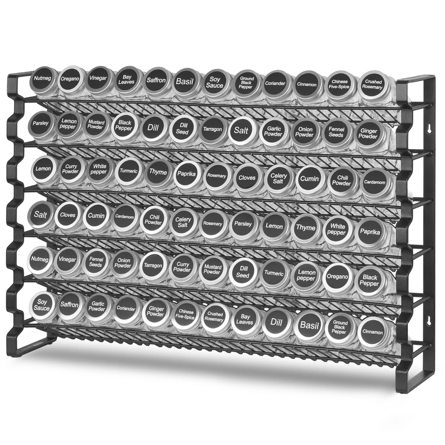 Spice Rack Organizer with 72 Glass Jars - Wall Mounted Storage Set