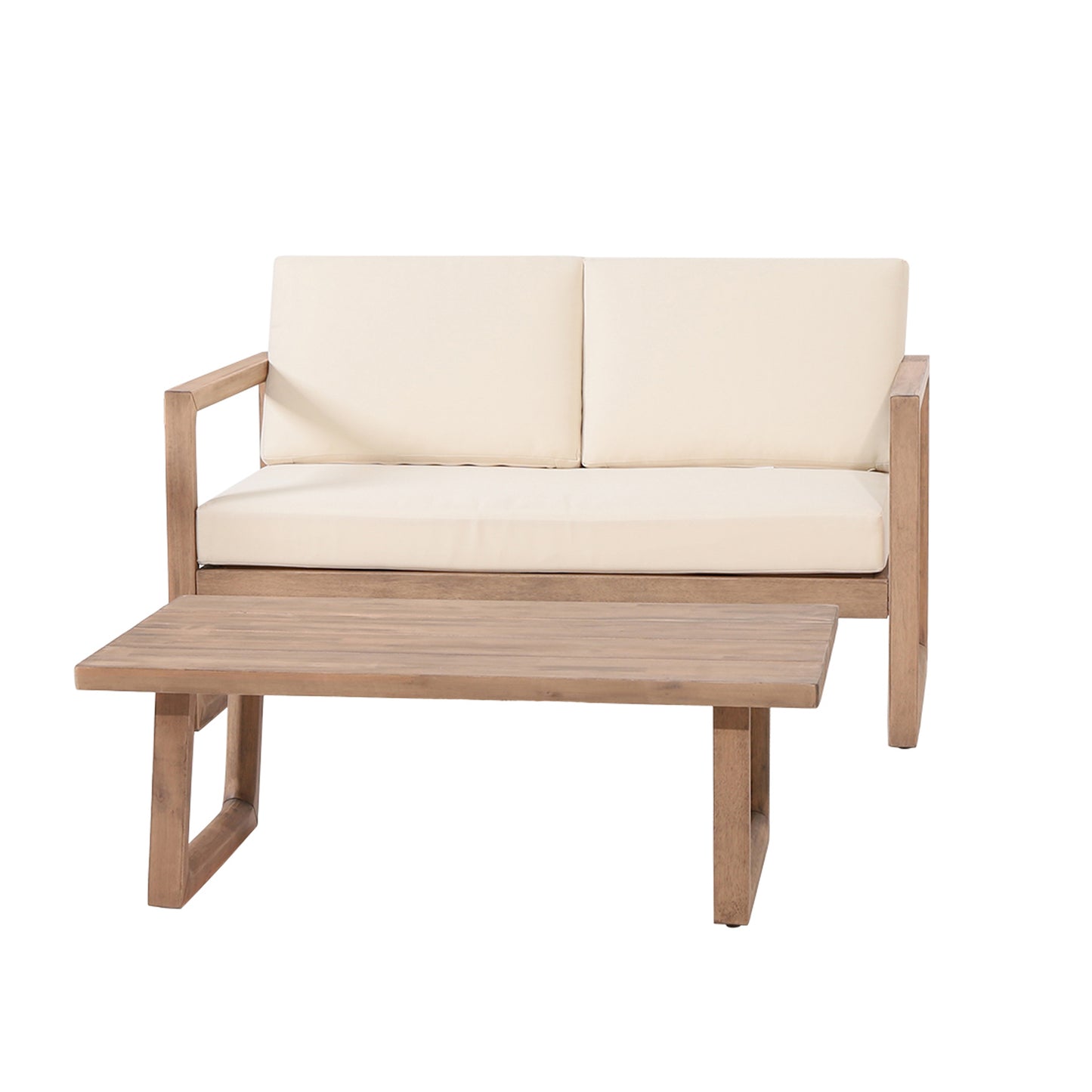Outdoor Acacia Wood Loveseat And Coffee Table Set With Cushions,