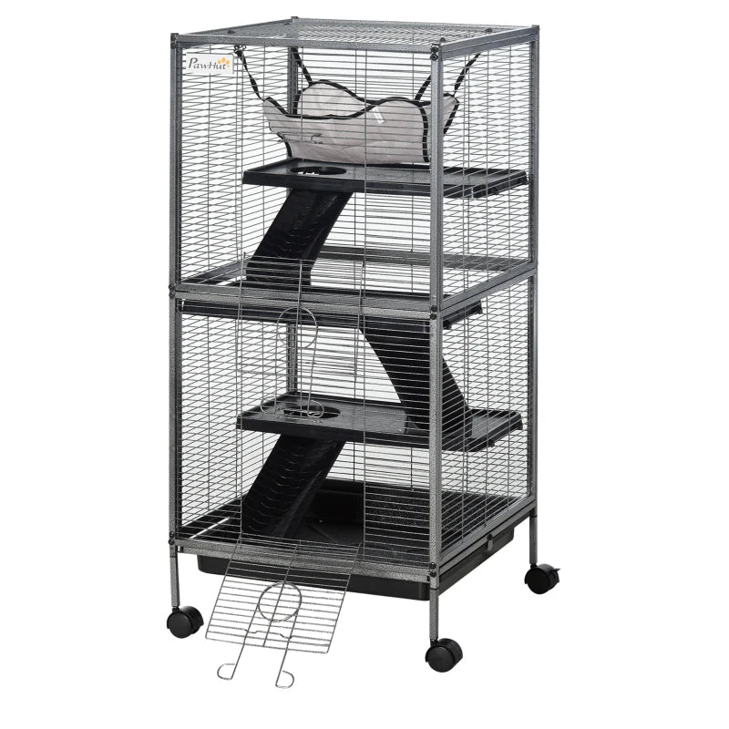 Small Animal Cage with Wheels, Multi-Tier Ferret and Chinchilla Habitat - Gray