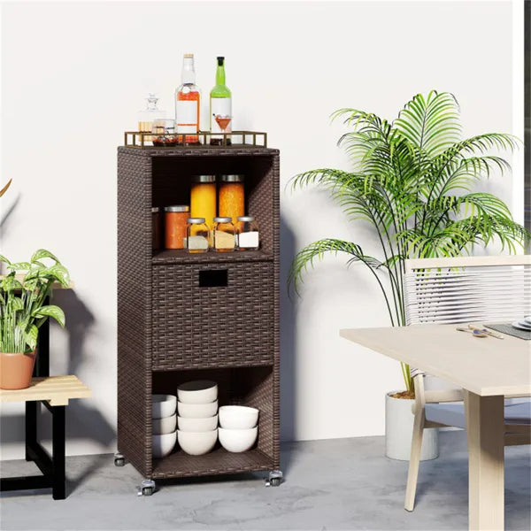 Outdoor Storage Cabinet with 3 Shelves, Drawer & Lockable Wheels