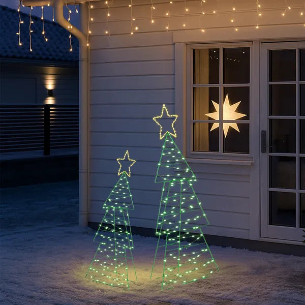 Lighted Metal Christmas Tree Yard Decorations - Set of 2 with 150 LED Lights
