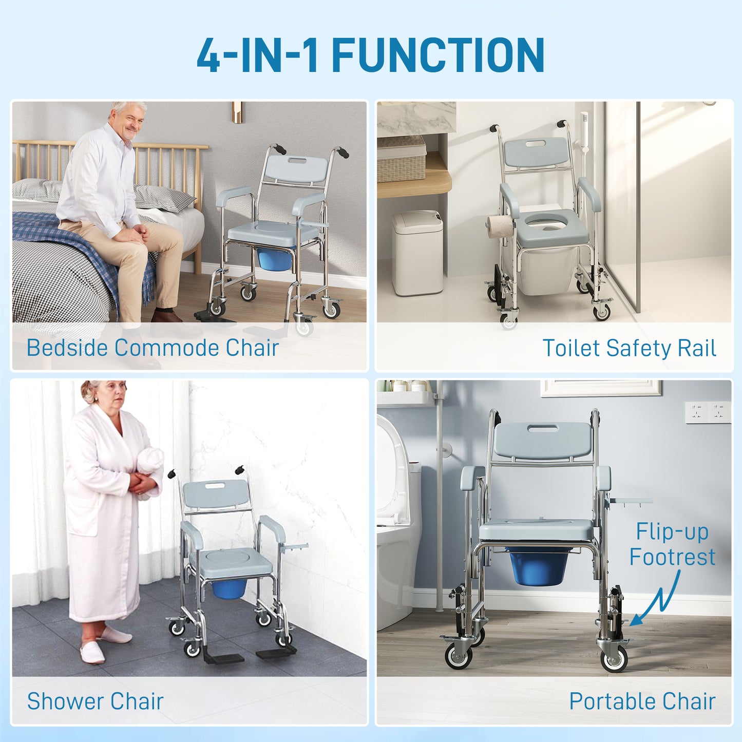 Rolling Shower Wheelchair for Seniors - 4-in-1 Commode Chair, Gray
