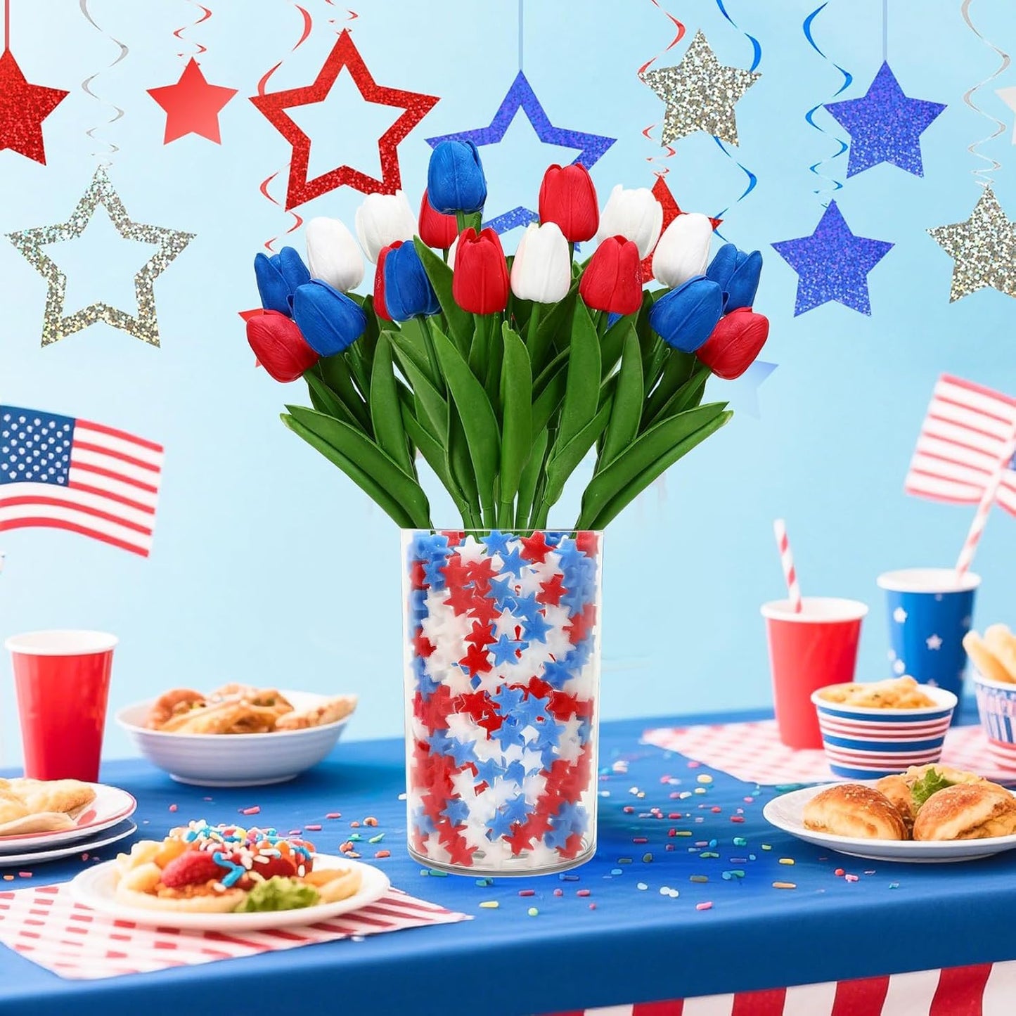 4th of July Artificial Tulips & Sponge Stars - 12 Pcs Set
