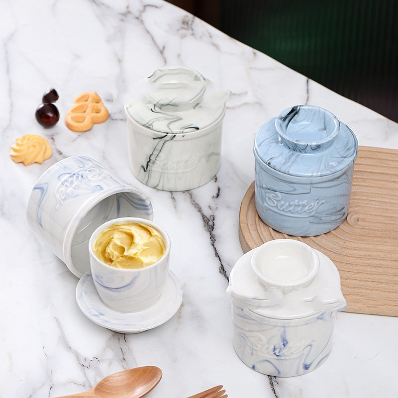 Ceramic Butter Dish with Marble Patterned Relief, Modern Kitchen Storage