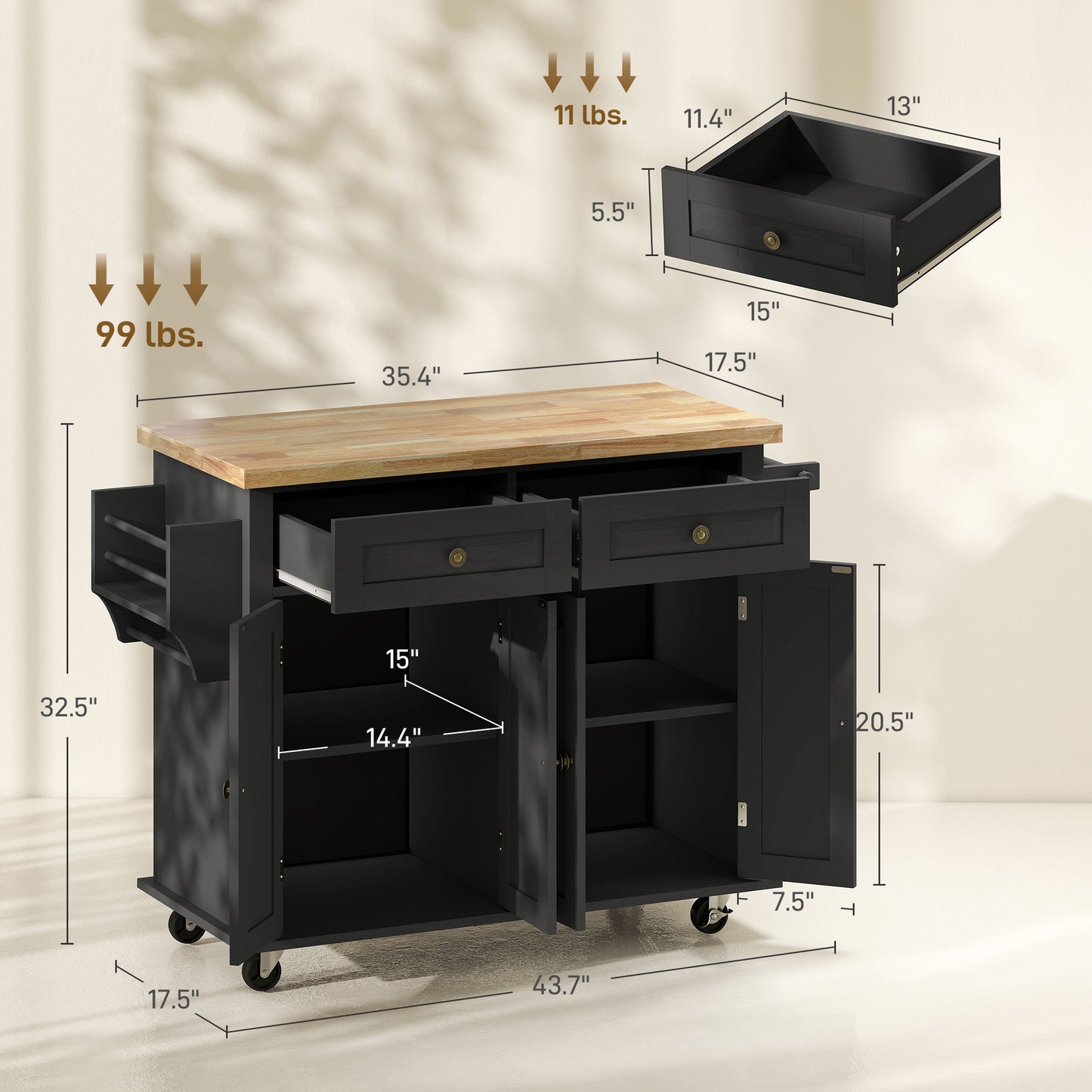 44" Mobile Kitchen Island Cart with Storage - Black