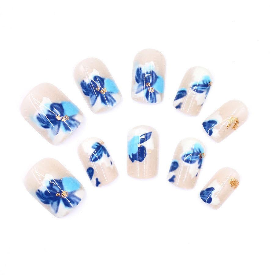 Blue Ombre Nail Art Kit with Adhesive Flowers for Women - Vintage Style