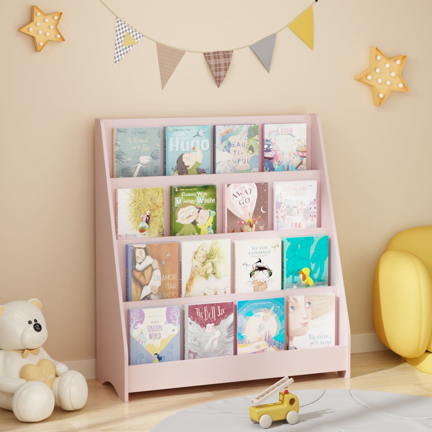 4-Tier Kids Bookshelf - Pink MDF Book Display Shelf