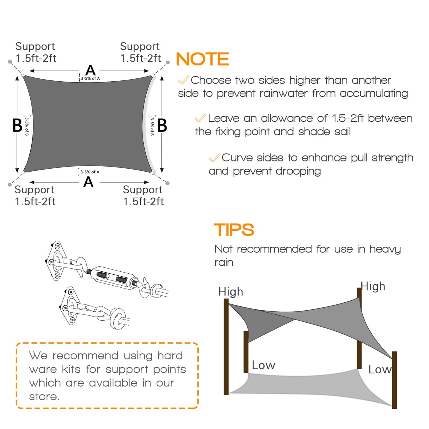 10x13 ft Sunshade Sail with UV Protection - Light Grey, Sand, Rust Red, Dark Grey, Beige, Cream, and More