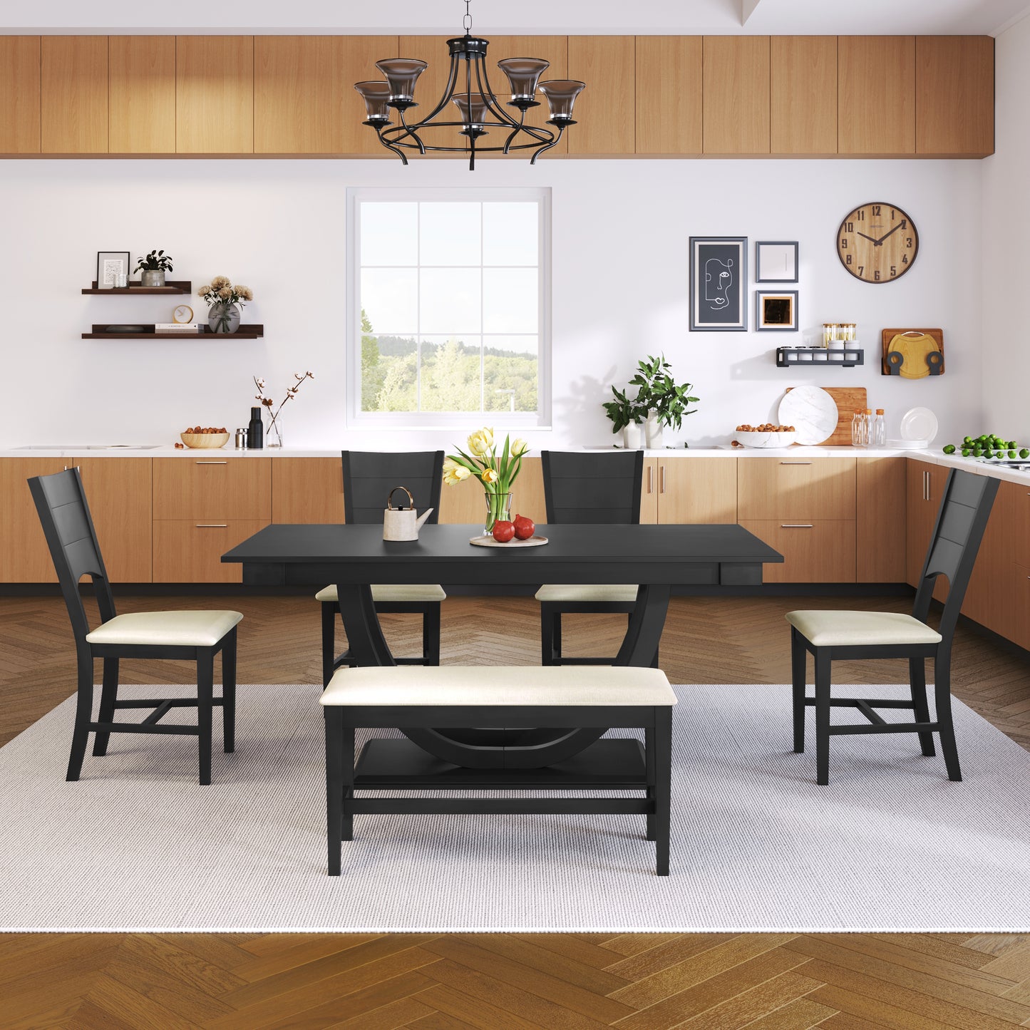 6-Piece Modern Gray Wood Dining Table Set with Bench & Chairs